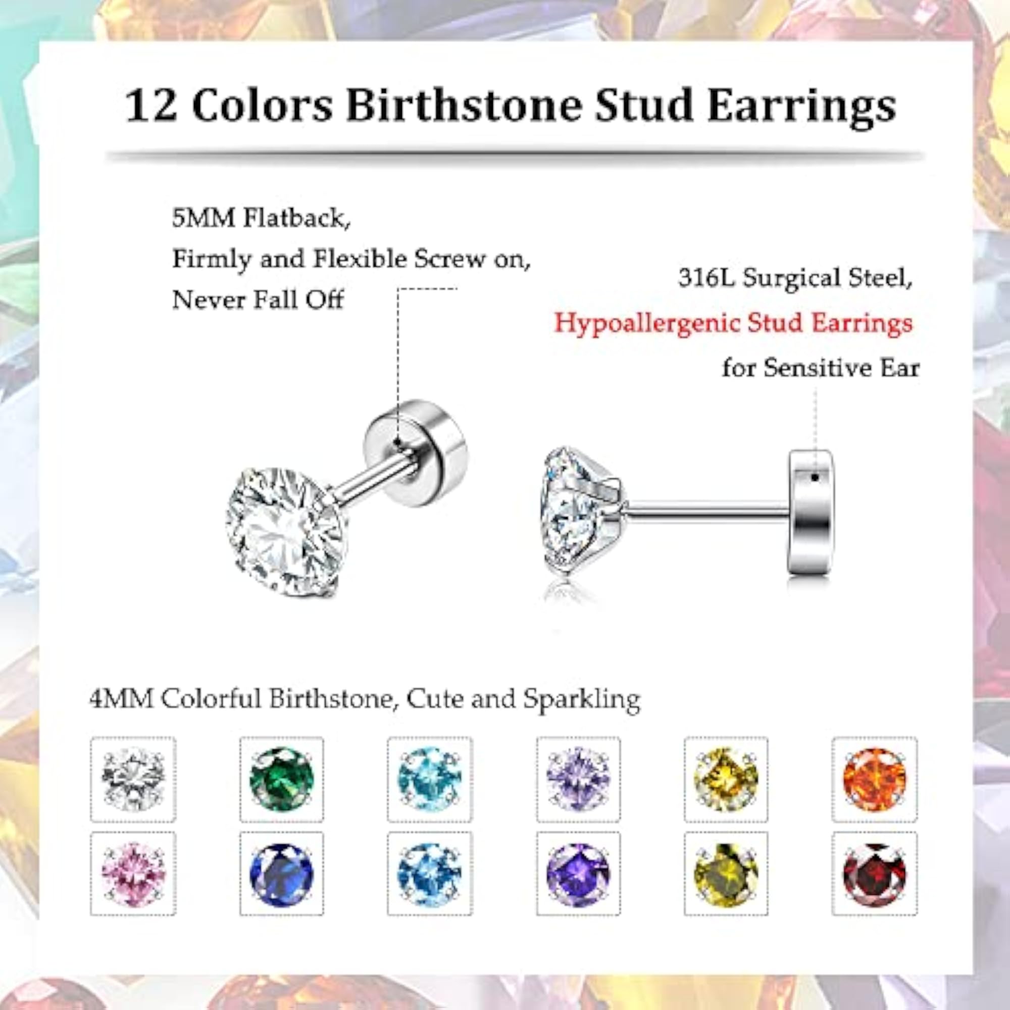 12 Pair 18K Silver Plated MultiColor CZ Crystal Stud Earrings Set